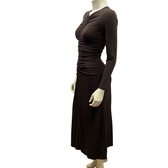 MICHAEL KORS $145 Brown Ruched Long Sleeve Midi‎ Dress With V-Neckline SM NWT - Picture 5 of 12